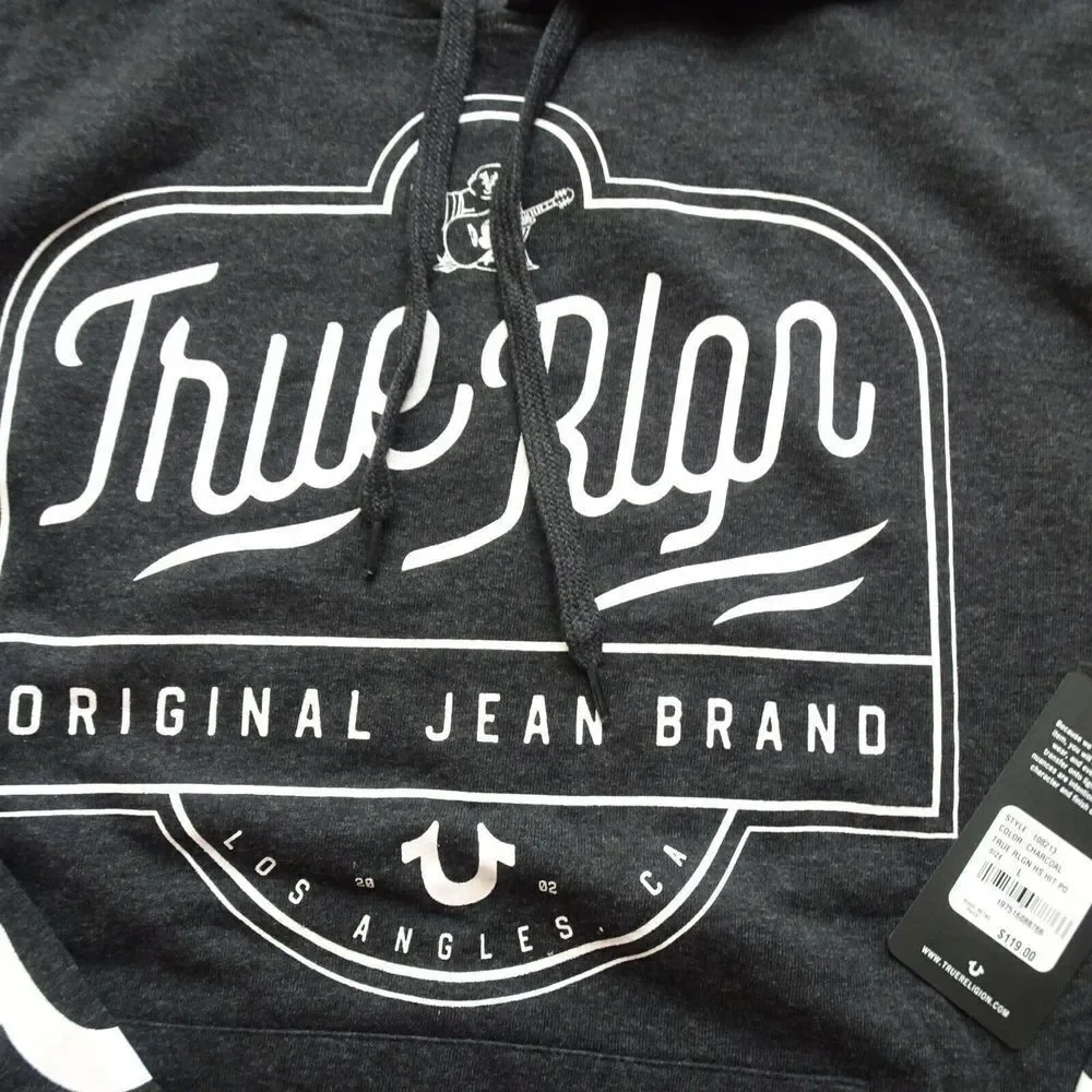 TRUE RELIGION Hooded Sweatshirt Pullover Lightweight Long SL Charcoal Gray NWT L